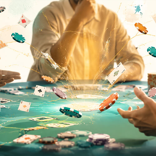 People at a poker table with cards and colorful chips in mid-action, chips flying around as players react